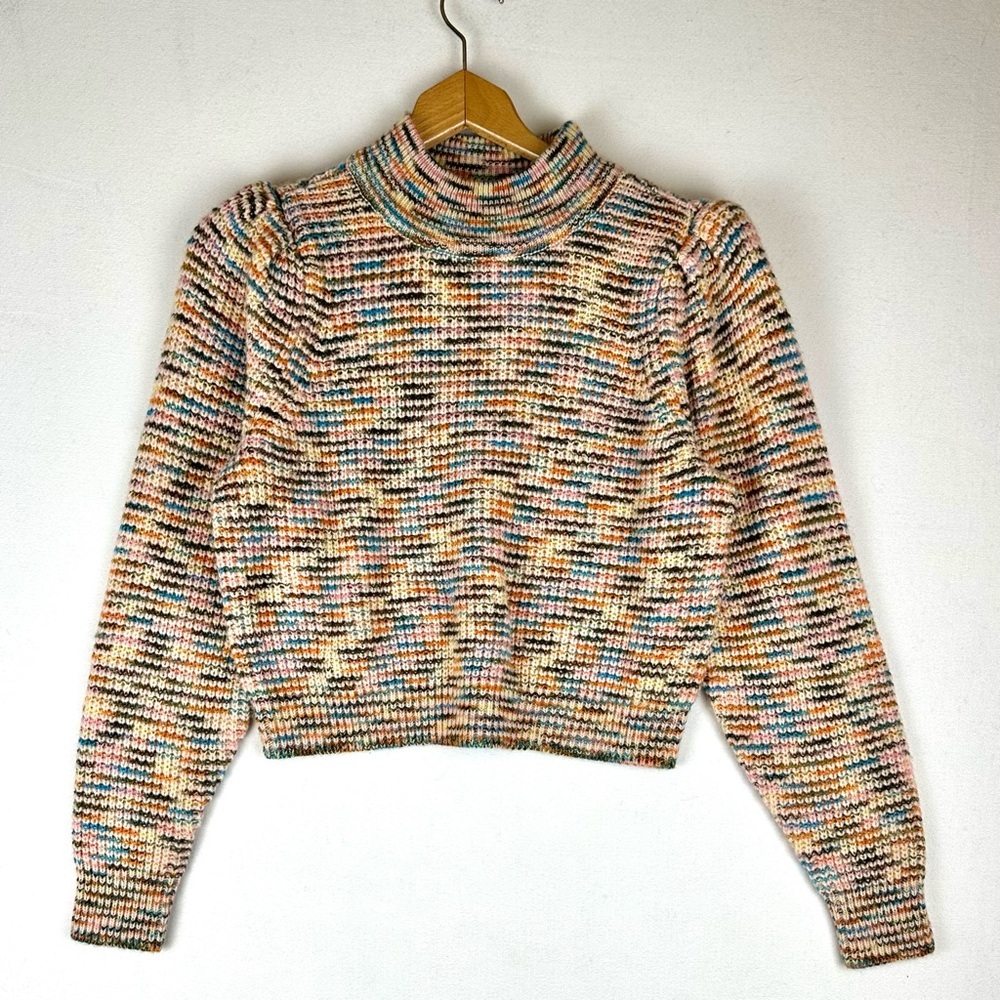 Treasure & Bond Multi Colored Mockβ Cropped Sweater Puff Sleeve